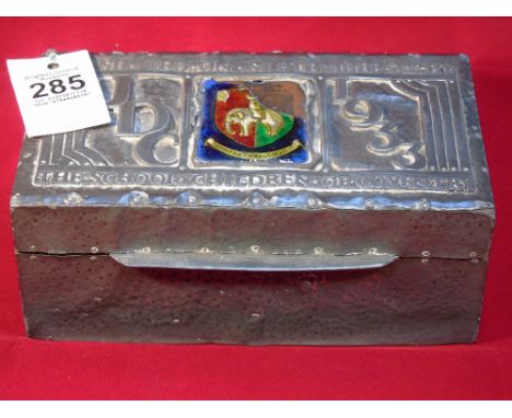 METAL BOX WITH ENAMEL DECORATION (A/F) MARKED CHILDREN OF COVENTRY JDC SEPT. 2ND 1933