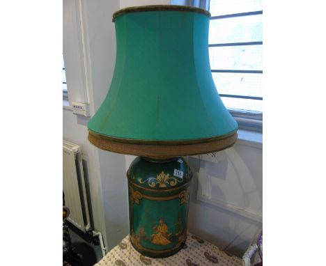 TALL GREEN & GILT PAINTED TEA CANISTER/TABLE LAMP. MARKED JOHN GILBERT & CO LONDON