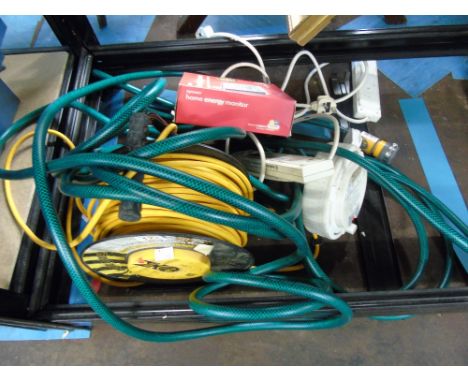 HOSE ON STAND, X 2 ELECTRICAL EXTENTION LEADS AND BOXED HOME ENERGY MONITOR