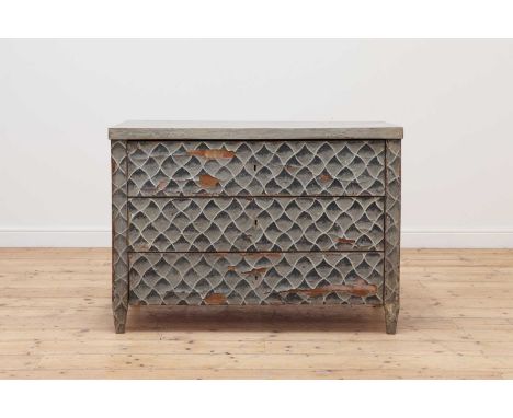 A Continental painted three-drawer commode,19th century, finished in a grey, black and white design, on square tapering legs1
