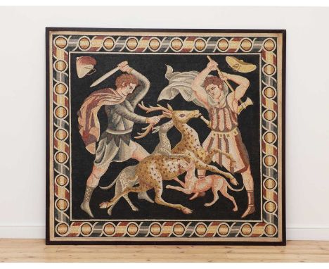 A Roman-style mosaic panel depicting two hunters,20th century, within a guillochéd border,163 x 180cmCondition report: marks 