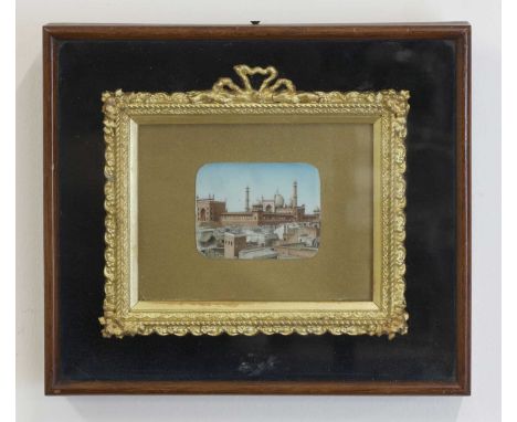 A miniature painting on ivory, late 19th/early 20th century, possibly depicting the Shrine of Fatima Musumeh, Qum.15 x 16cm, 