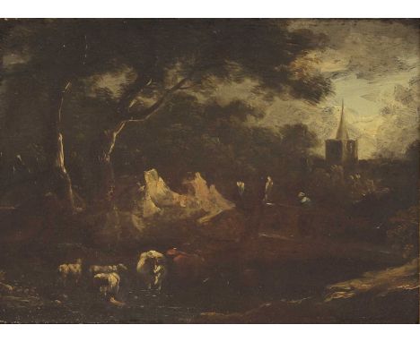 Benjamin Barker of Bath (1776-1838)A wooded landscape with a figure, cattle and sheep, a church in the distanceoil on panel18