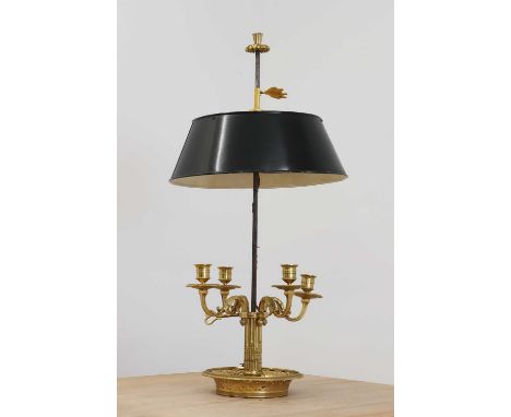 A gilt-bronze bouillotte table lamp,late 19th century and later, French, with an adjustable tole peinte shade, above a modern