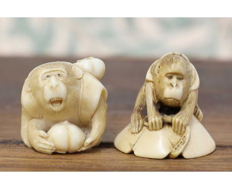 An ivory okimono,Meiji period (1868-1912), Japanese, of a monkey seated on a cracked bowl, pulling the leg of an octopus from