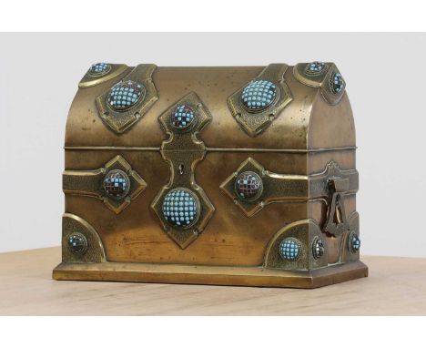 A brass domed-top stationery box,19th century, French, of casket form set with oversized hasps, decorated with turquoise enam