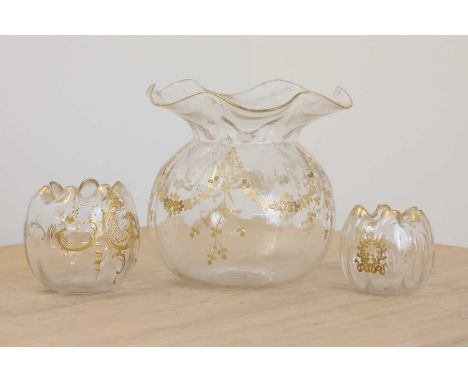 A group of three gilt glass vases,in the manner of Jules Barbe for Thomas Webb, Stourbridge, each of moulded spherical form,l