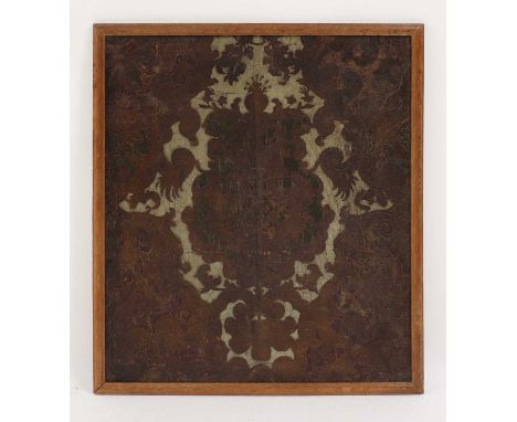 An embossed and painted leather wallpaper panel,17th century, 61cm wide72cm highReputedly removed from a country house in the