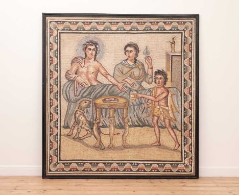A Roman-style mosaic panel,20th century, depicting a man and woman being served by an attendant, within a wavy border,190cm w