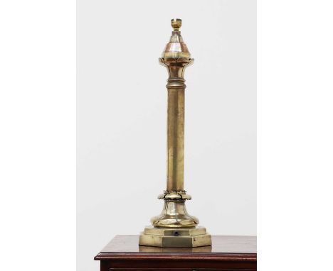 A brass newel post lamp,19th century, the column on a stepped foliate cast base,20cm diameter63cm highCondition report: Conve