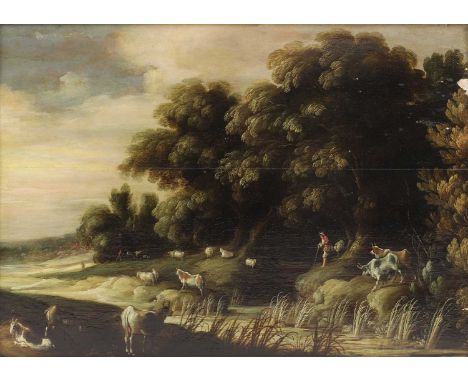 Circle of Jasper van der Lanen (Flemish, 1585-1634)A river landscape with figures, cattle and goatsoil on panel43 x 60cm Cond