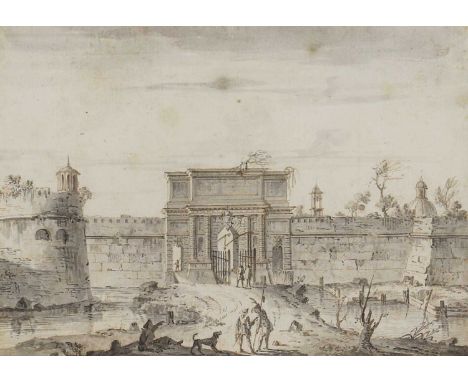 Francesco Zucchi (Italian, 1692-1764)The Porta Romana Milan, a preparatory sketch for his engraving 'Lo Stato presente' by Sa