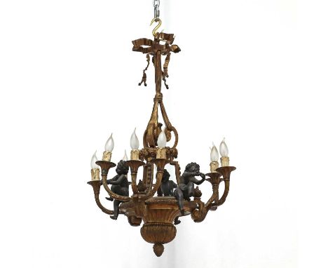 A gilt and ebonised bronze colza ceiling lamp,mid-19th century, the bowl with three clusters of lights, with three arms each,