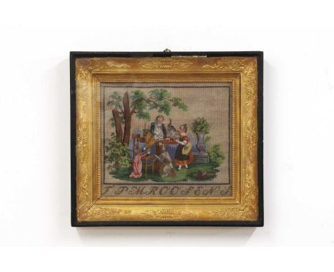 A Victorian embroidered picture,depicting a brother and sister in a garden feeding a cat and dog, worked 'F. P. M. Roosens' u