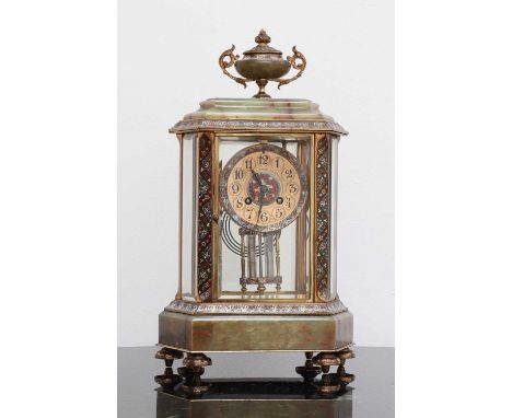 An ormolu, onyx and champlevé enamel six-glass mantel clock,c.1870, French, the movement with a mercury pendulum striking on 