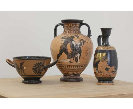An Archaic-style Attic black figure amphora after Execias, probably 20th century, Type B, Achilles Slaying Penthesilea, 30.5c