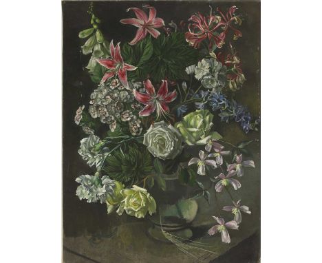 *Lionel Ellis (1903-1988)Summer bouquet of roses, lilies and foxgloveoil on canvas59.5 x 44cm, unframed*Artist's Resale Right