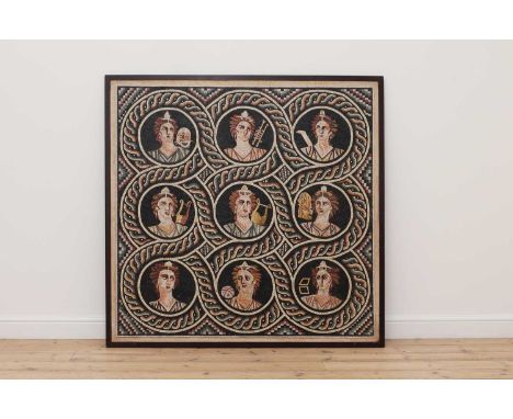 A Roman-style mosaic panel,20th century, depicting the Nine Muses within guillochéd roundels,138 x 138cm