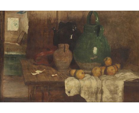 John Watson Nicol (1856-1926)Still life with fruit and potssigned 'J Watson Nicol' and dated 1873 l.c., oil on canvas34 x 51c