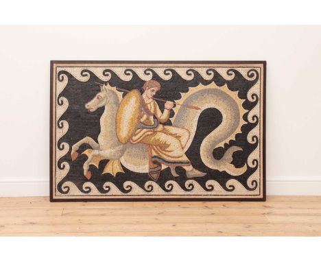 A Roman-style mosaic panel,20th century, depicting Thetis riding side-saddle on the back of a hippocampus, delivering the arm