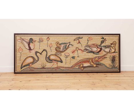 A Roman-style mosaic panel,20th century, depicting ducks, other aquatic foul and a crocodile,232cm wide84cm highCondition rep