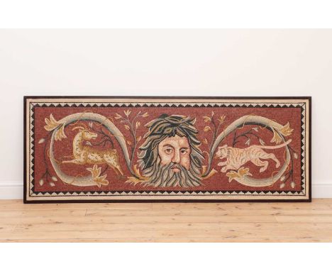 A rectangular Roman-style mosaic panel,20th century, depicting a bearded man flanked by a tiger and a goat,196cm wide73.5cm h