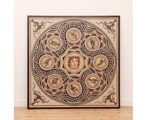 A Roman-style mosaic panel,20th century, depicting Hermes and the birds of omen within a guillochéd roundel,154cm wide154cm h