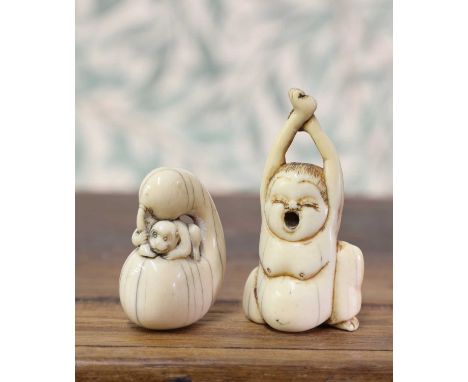 An ivory netsuke,Edo period (1603-1867), Japanese, of a yawning man stretching his arms, 6cm high,together with another, of a