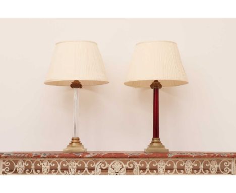 Two brass and glass table lamps,of recent manufacture, one with a ruby glass column, the other clear and ribbed, both with cl