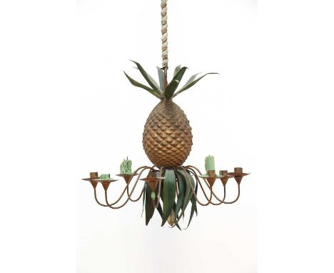 A toleware pineapple ceiling light,20th century, Italian, decorated with leaf fronds,53cm wide98cm highCondition report: One 