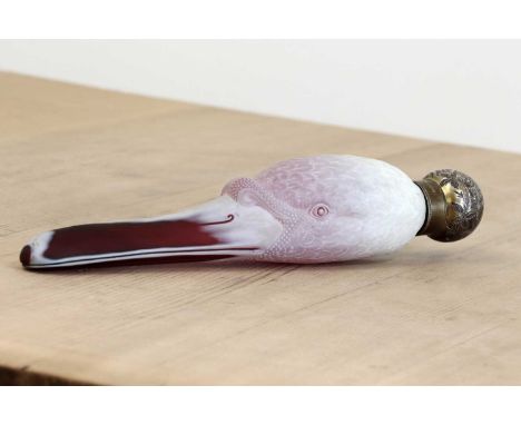 A Thomas Webb &amp; Sons cameo glass swan's head scent bottle,1884, of large size, the elegant swan's head cast in deep ruby 