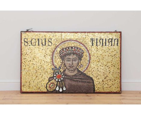 A Roman Byzantine-style mosaic panel,20th century, depicting Justinian I, after the original in Basilica di San Vitale, Raven