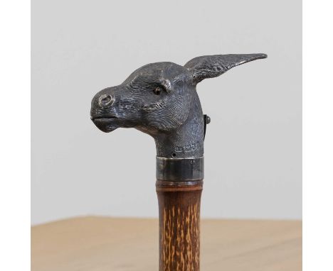 A silver 'spitting' donkey's head automaton walking stick, by Charles Henry Dumenil, London 1905, with glass eyes, on an imit