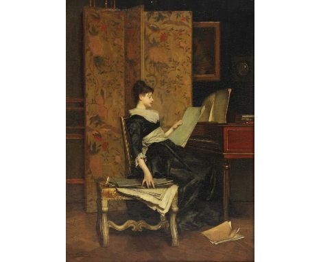 French School, 19th centuryAn elegant lady at a pianoindistinctly signed 'Jules ....' l.l., oil on panel52 x 37.5cmCondition 