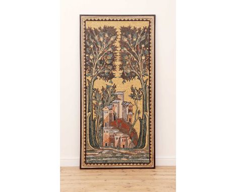 A Roman-style mosaic panel,20th century, depicting a villa within an avenue of trees,94cm wide194cm highCondition report: lig