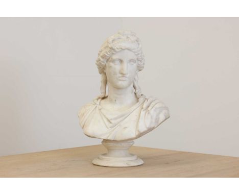 Leonidas Drosis (Greek, 1834-1882), a white marble bust of Diana, inscribed in Greek to the reverse, raised on a later alabas