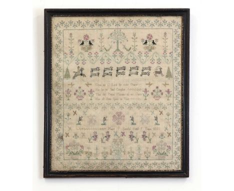 A Norfolk needlework sampler,early 19th century, 'by Mary Randal Aged 9 Years 1803', embroidered with a stag hunt, birds in t