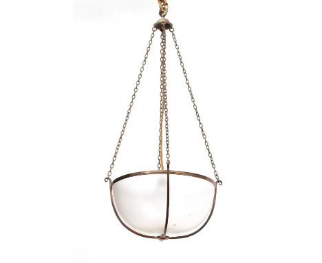 A bronze and frosted glass bowl light fittingearly 20th century, French, the frame suspended on four chains,33cm diameter 70c