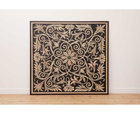 A Roman-style mosaic panel,20th century, depicting scrolling foliate motifs on a black ground,174cm wide163cm highCondition r