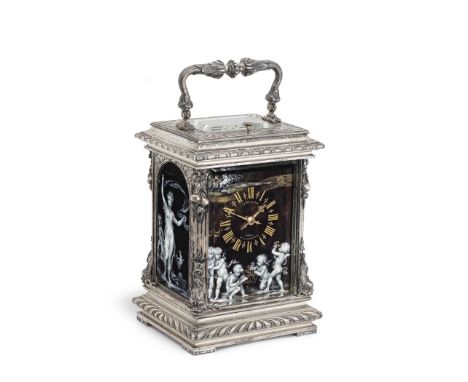 A fine and very rare late 19th century French petite sonnerie striking silvered carriage clock set with 'Night' and 'Day' Lim