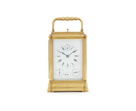 A fine and rare French brass grande sonnerie carriage clock with running seconds, days of the week, calendar and alarmThe 5 g