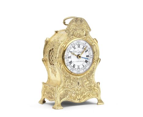 A fine and rare mid 18th century Czech ormolu quarter striking and repeating  travel clock with calendarJoseph Weishaupt Carl