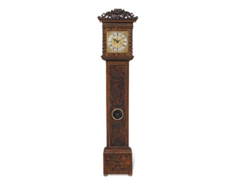 A late 17th century walnut marquetry longcase clock with bolt and shutter maintaining power, previously in the Wetherfield Co