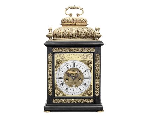 An early 18th century ebonised double basket top bracket clock with pull repeatJohn Constantin, Londini fecitThe repousse dou