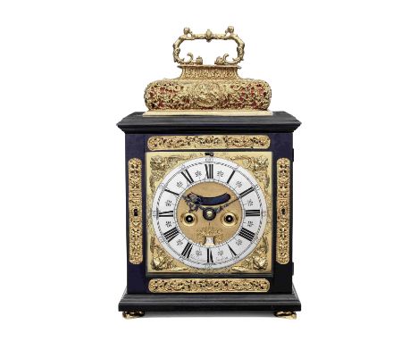 A late 17th century ebony basket topped table clock with pull quarter repeatJohn Bushman, LondonSurmounted by an elaborate fi