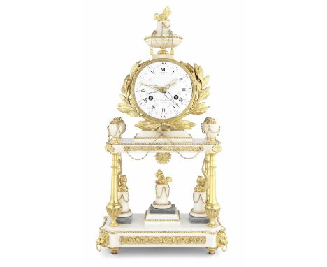 A good late 18th century French ormolu and marble portico mantel clock with date and day of the week indicationGermain Dubois