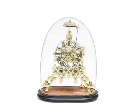 A large 19th century lacquered brass skeleton clock with lever escapement and original domeSigned on the bell J. Taylor, 6 Si