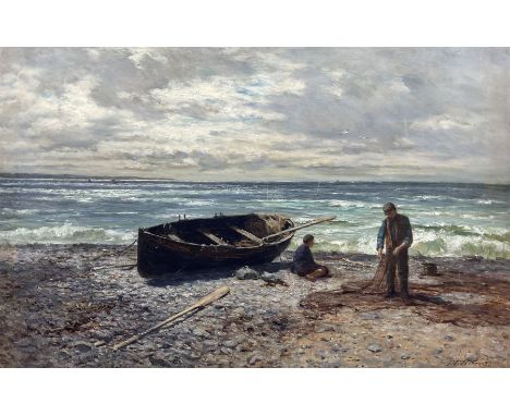 Joseph Henderson RSW (Scottish 1832-1908): 'Cleaning the Nets' with a Rowing Boat on the Shore, oil on canvas signed, titled 