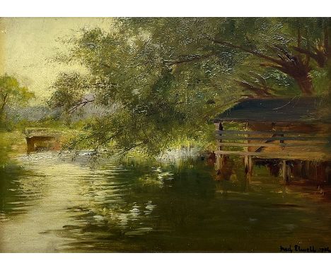 Frederick (Fred) William Elwell RA (British 1870-1958): A Quiet Water, oil on panel signed and dated 1906, 29cm x 39cmConditi