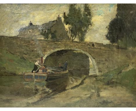 Bertram Priestman RA ROI NEAC (British 1868-1951): The Maid Marian  Wide Beam Barge on the Shipley Canal, oil on canvas signe